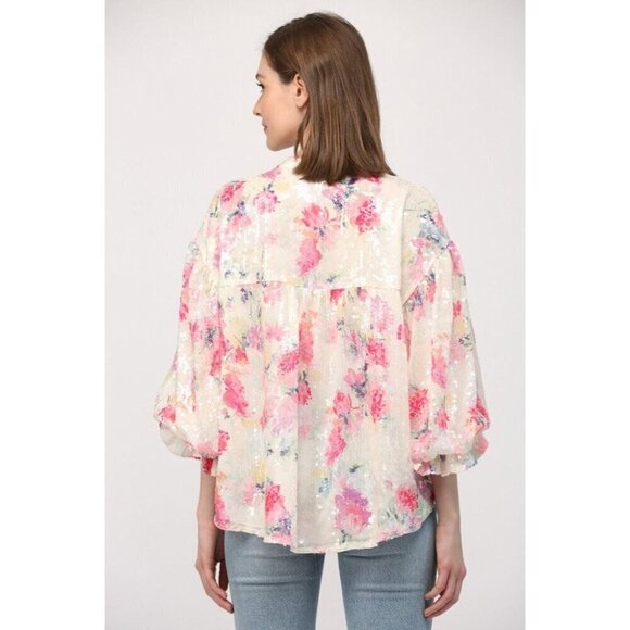 Floral Sequin Bubble Sleeve Blouse - Picture 4 of 12